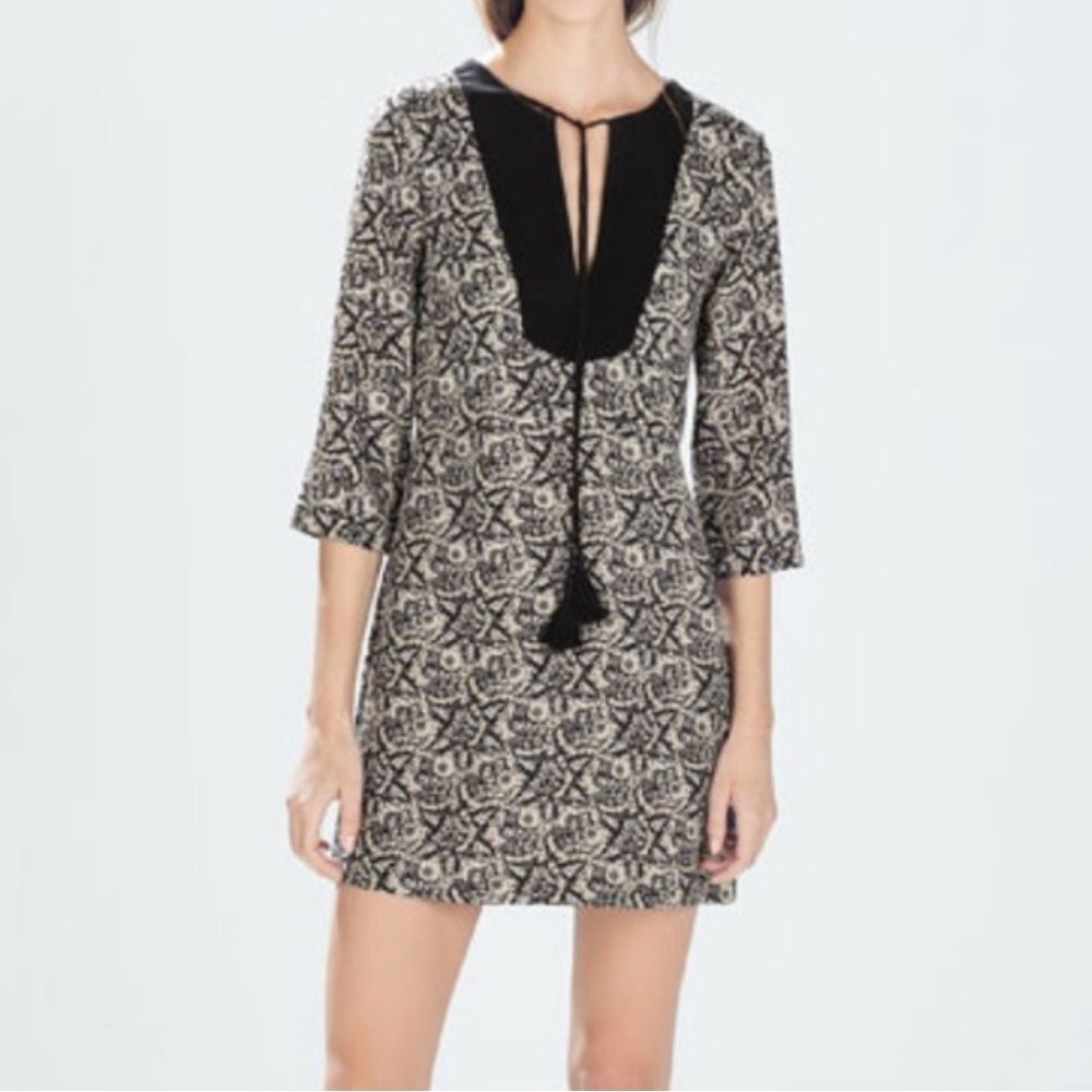 Zara Trafaluc Black Tan Velvet Yoke  Tassel V-Neck Mini Dress Size Small